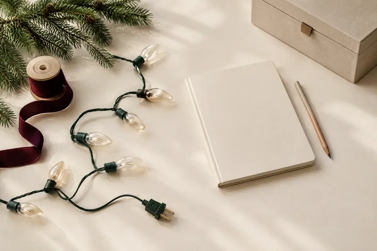 Illustrative holiday planning scene with an unplugged light strand, notebook, ribbon, and storage box
