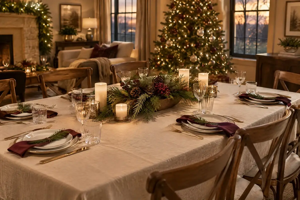 Illustrative holiday table with cream linens, burgundy napkins, evergreen details, and flameless lights