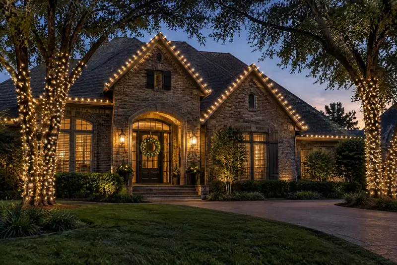 Illustrative home design featuring warm white roofline lights and wrapped trees